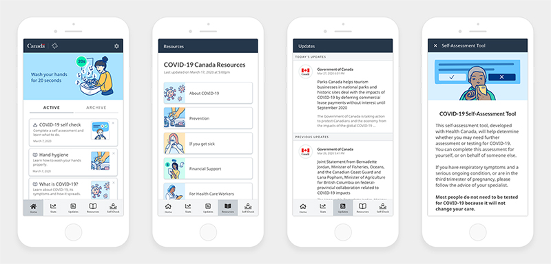 Four mobile mockups of the app