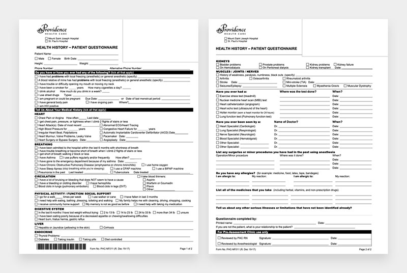 The paper health history form for Providence Health Care