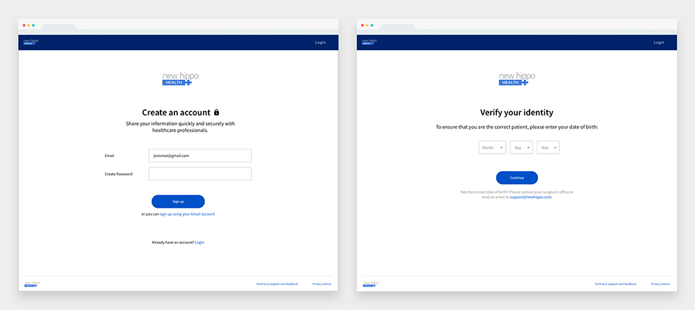 Two mockups showing creating an account and verifying the user's identity