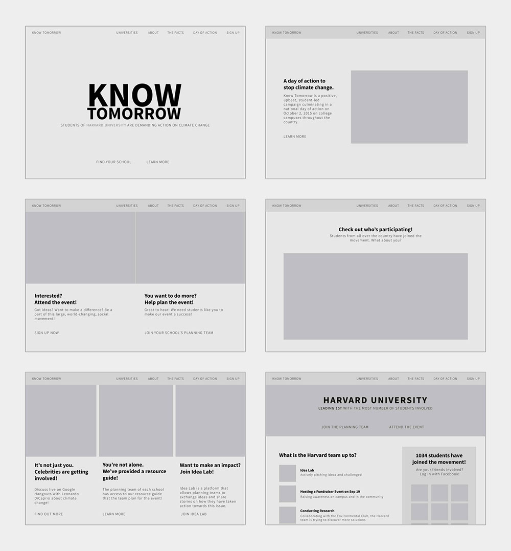 Six wireframes of the website