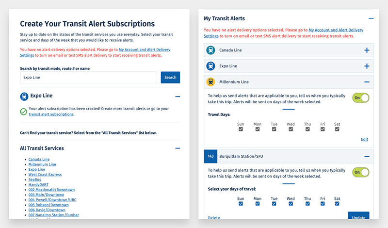 Two screenshots from the existing process to sign up for alerts