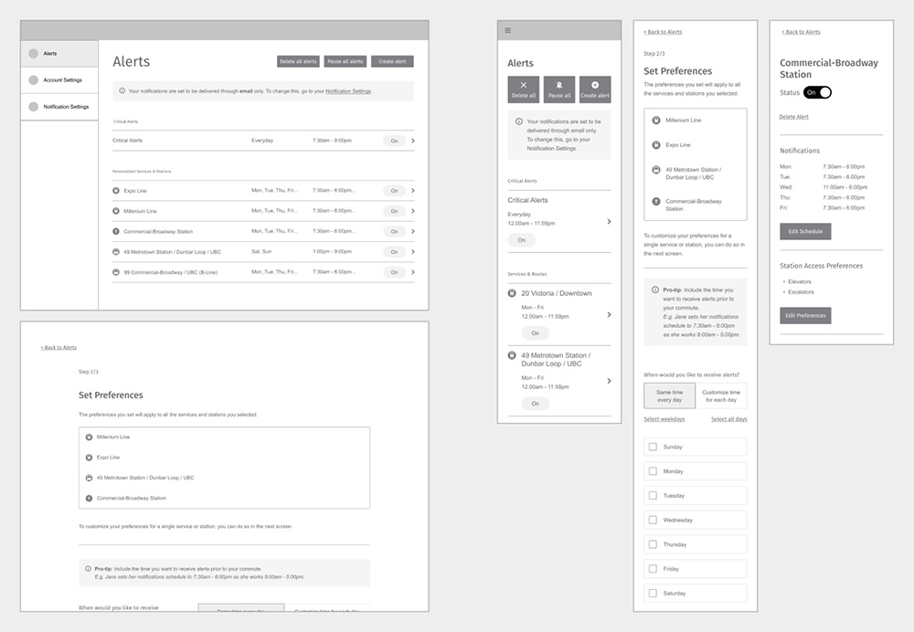 Two desktop and three mobile wireframes